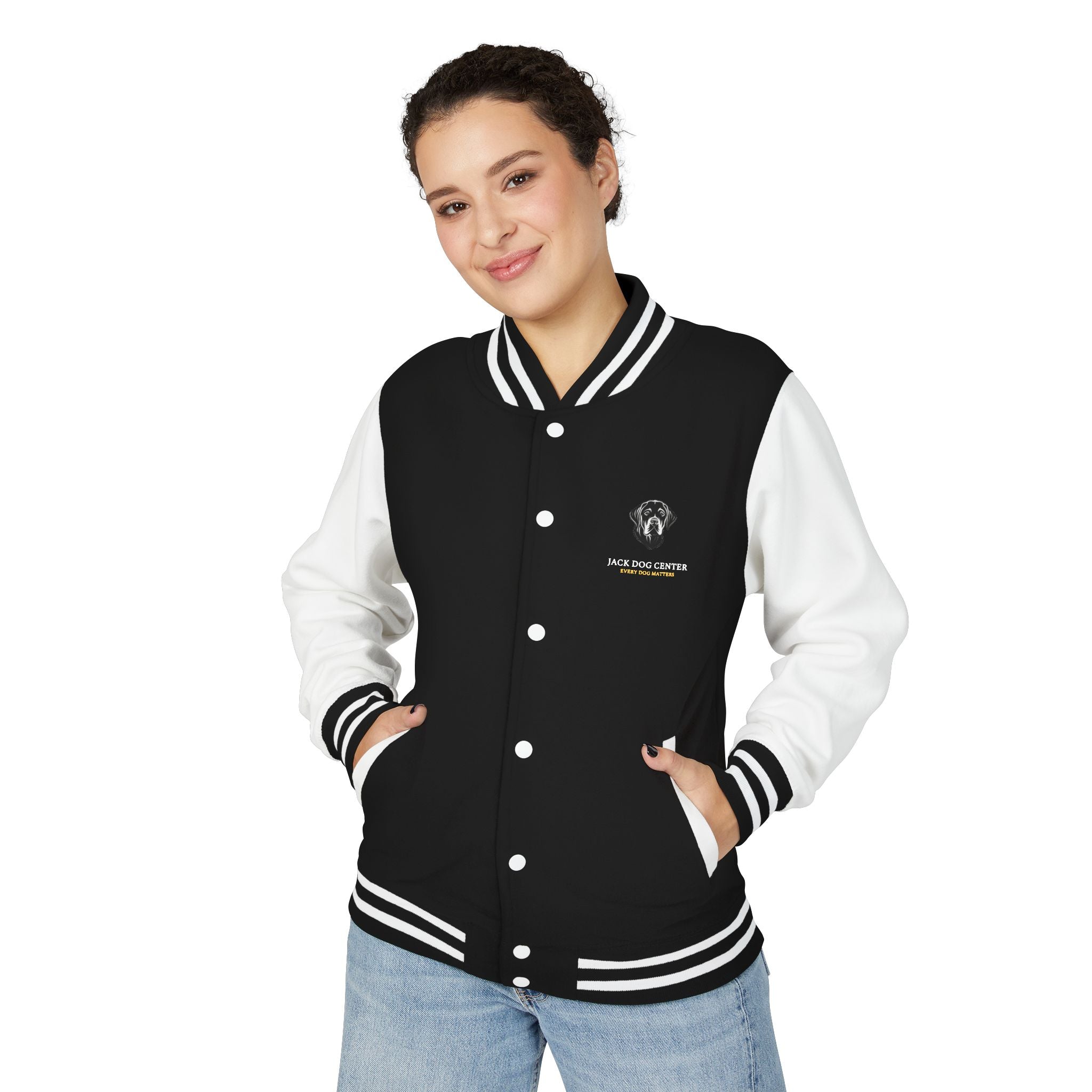 Letterman Jacket — Black & White College Varsity Style with Small Chest Logo