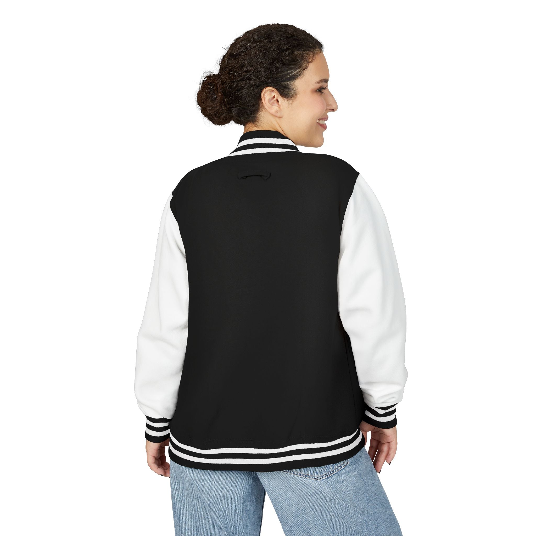 Letterman Jacket — Black & White College Varsity Style with Small Chest Logo