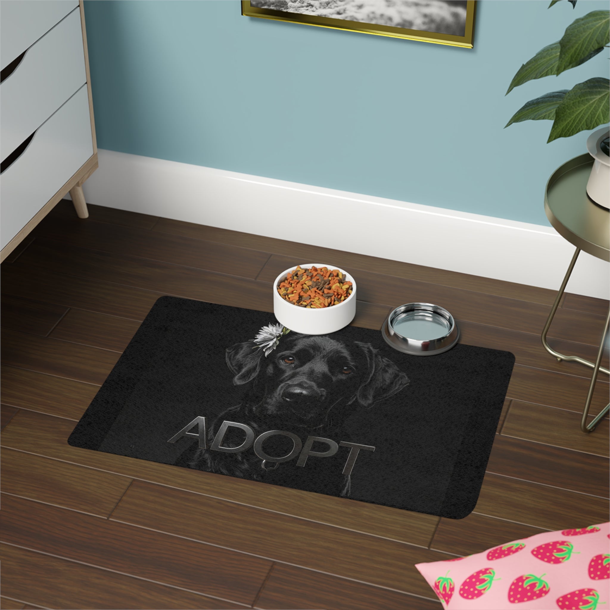 Adopt Black Lab Pet Food Mat — 12x18 Anti-Slip Feeding Mat for Dog Lovers